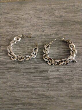 Large Silver Chain Hoop Earrings – 3 Inch Chunky Curb Link Hoops – Lightweight